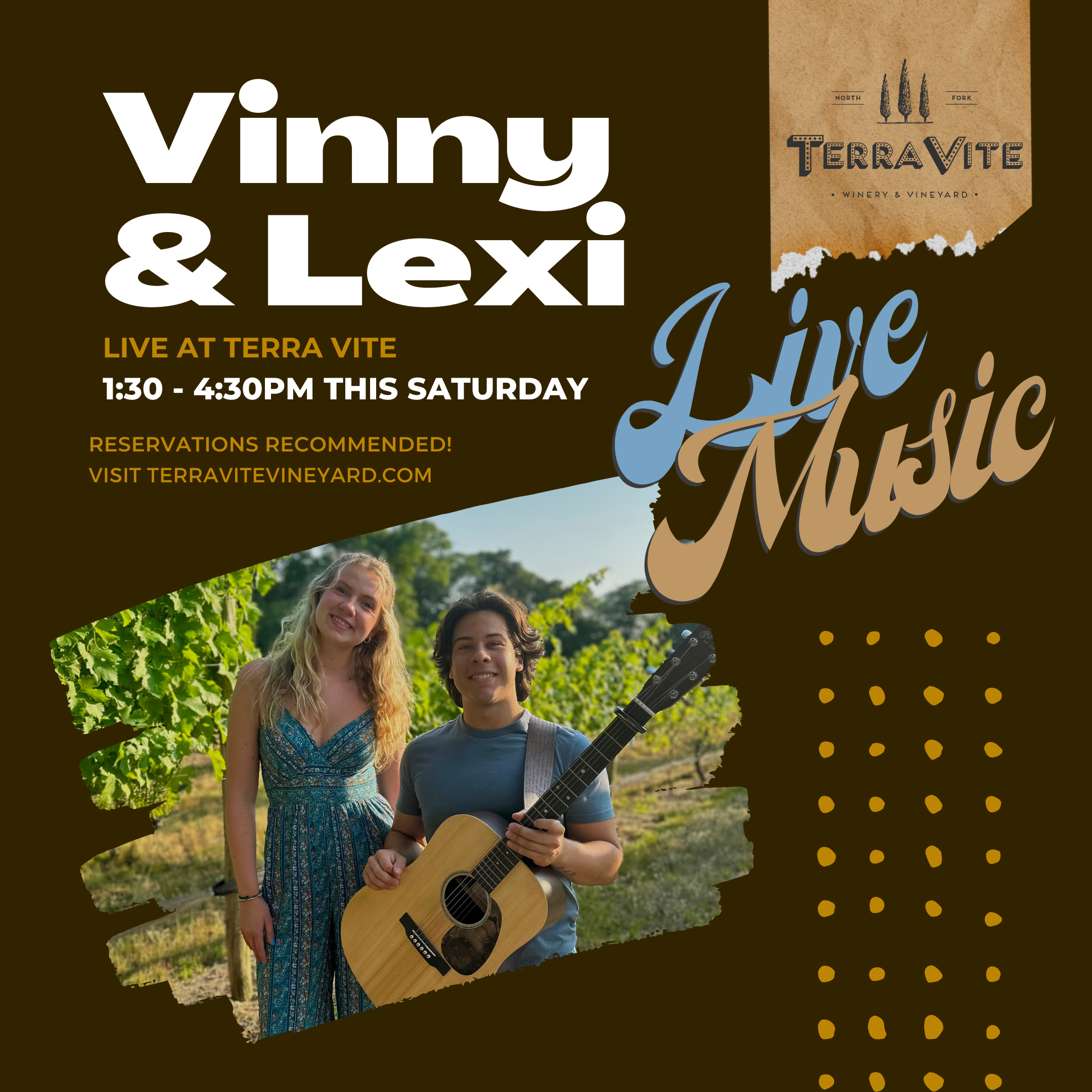 Live Music this Saturday afternoon from 1:30pm to 4:30pm with Vinny & Lexi!