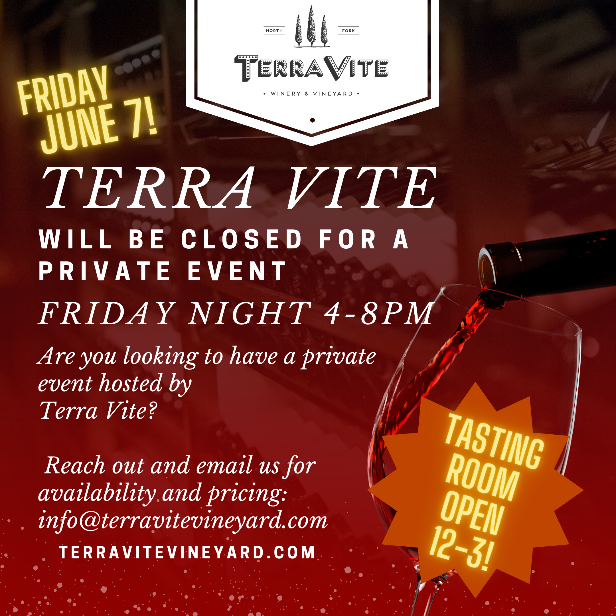 Terra Vite will be closed for a Private Event the evening of June 7th from 4pm-8pm.